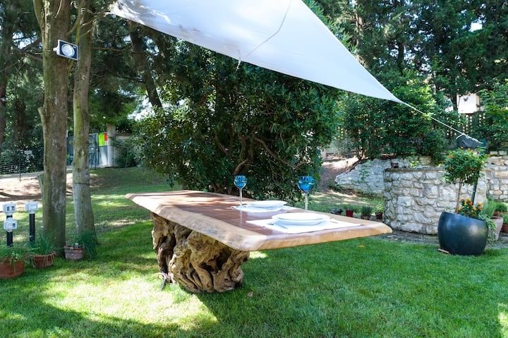 Garden dining under the sail